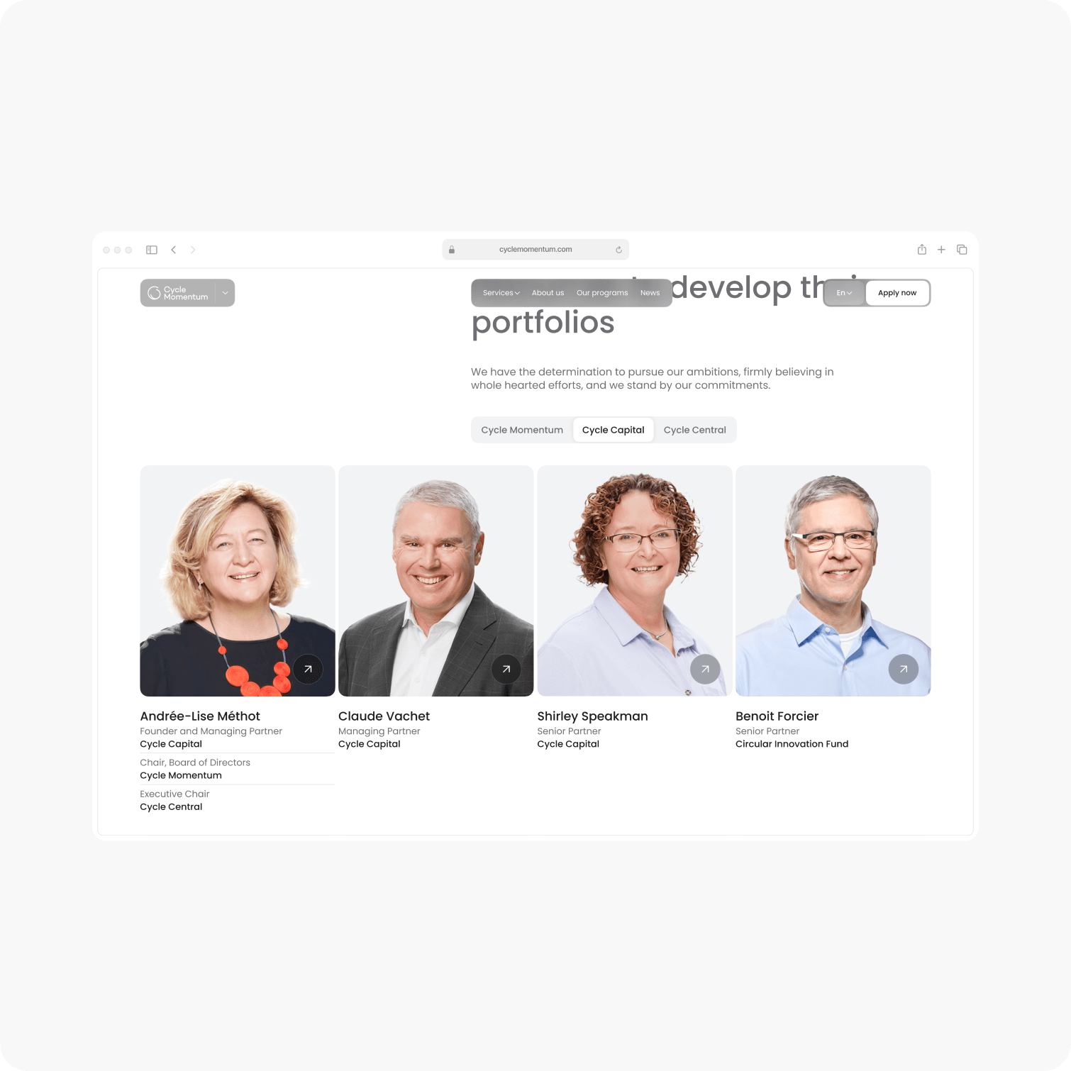 A webpage designed by Webgamma UX Agency showcases profiles of four business professionals, elegantly displaying their names and titles beneath their photos.