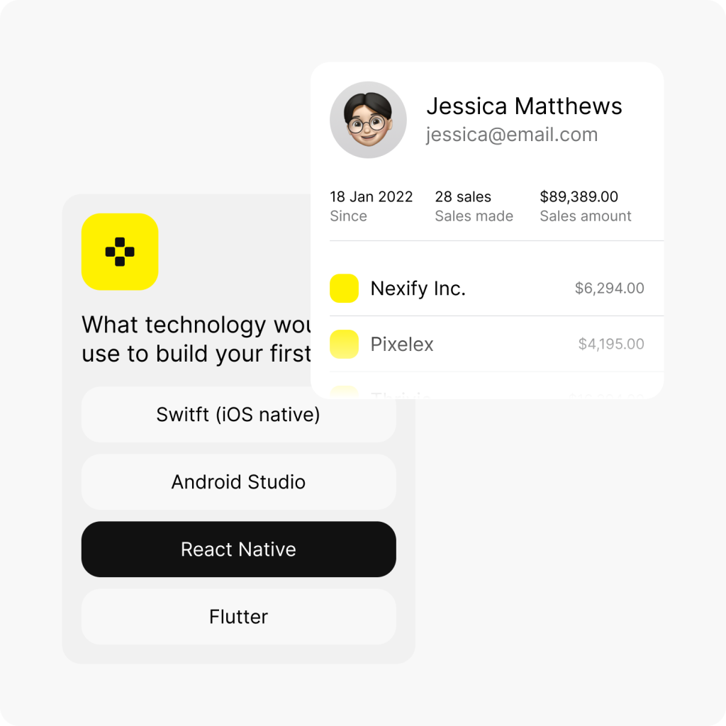User interface showing a technology selection menu and a pop-up with a profile including name, email, join date, sales made, and list of companies with sales amounts.