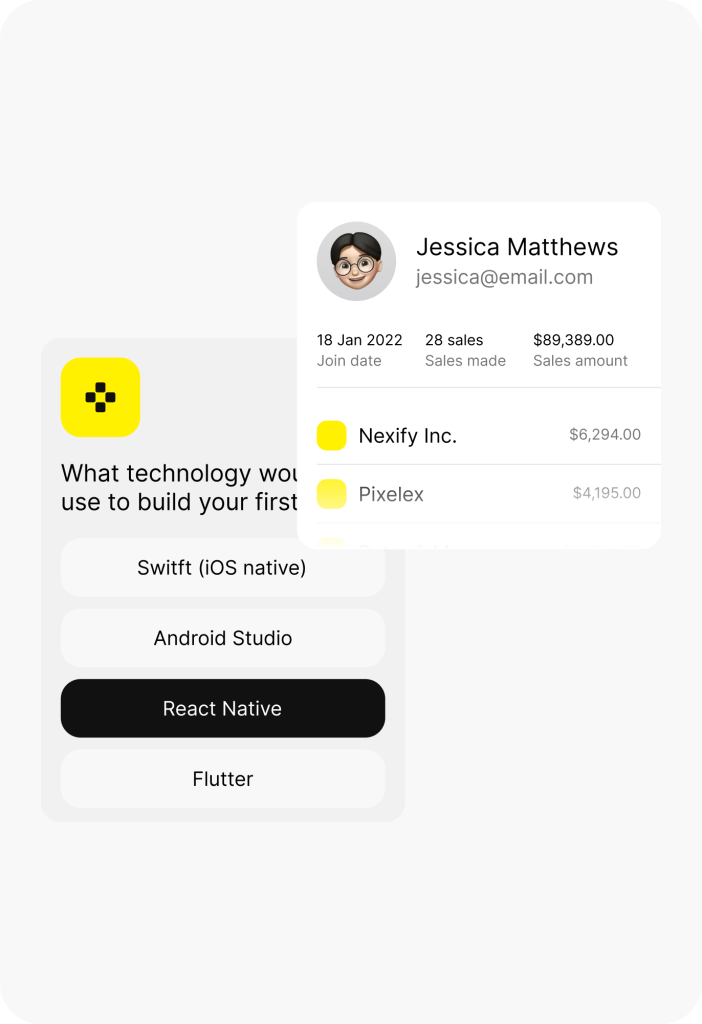 User interface showing a technology selection menu and a pop-up with a profile including name, email, join date, sales made, and list of companies with sales amounts.