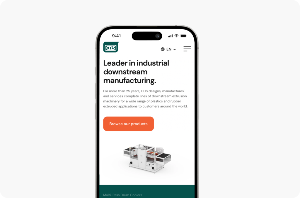 A smartphone screen showcases a modern website about industrial downstream manufacturing with a product image, created by a top website design agency in Ottawa.