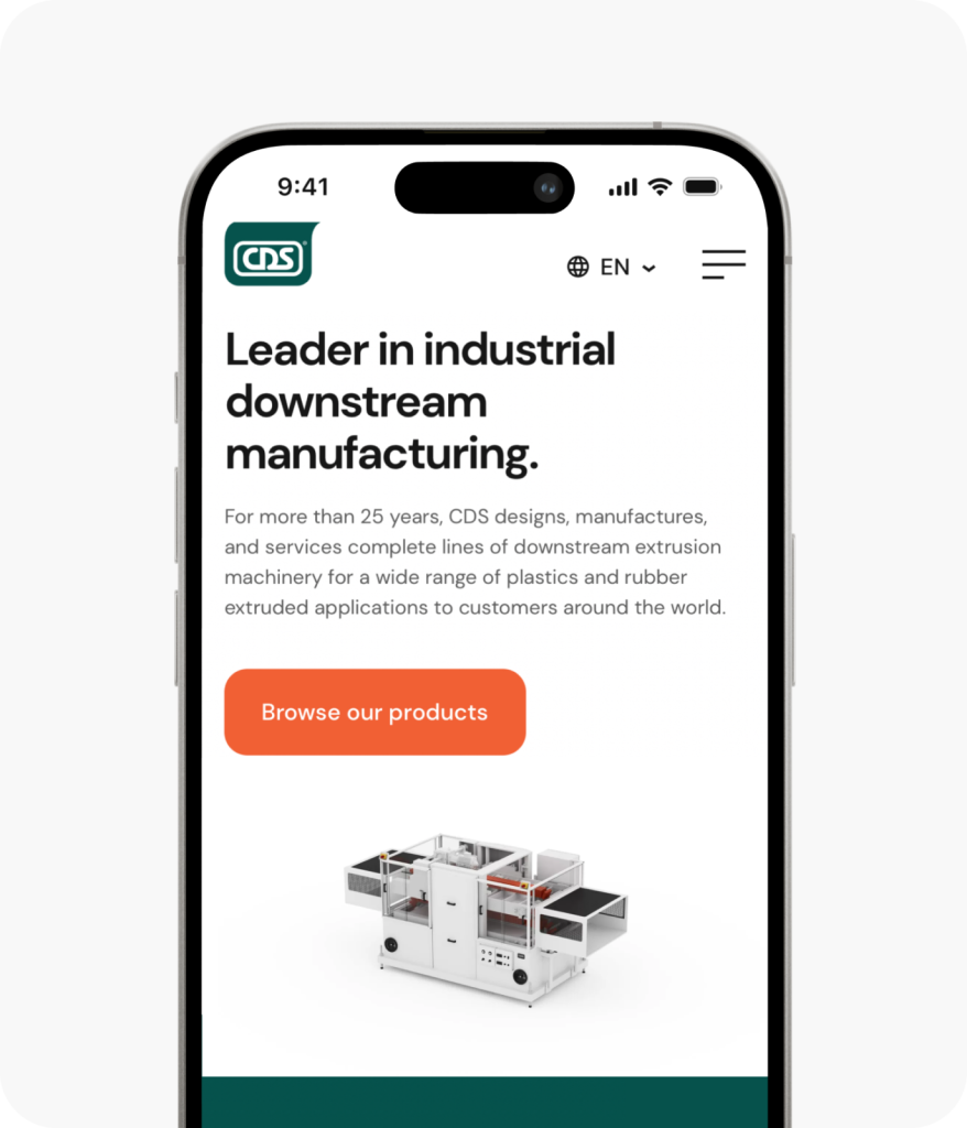 A smartphone screen showcases a modern website about industrial downstream manufacturing with a product image, created by a top website design agency in Ottawa.