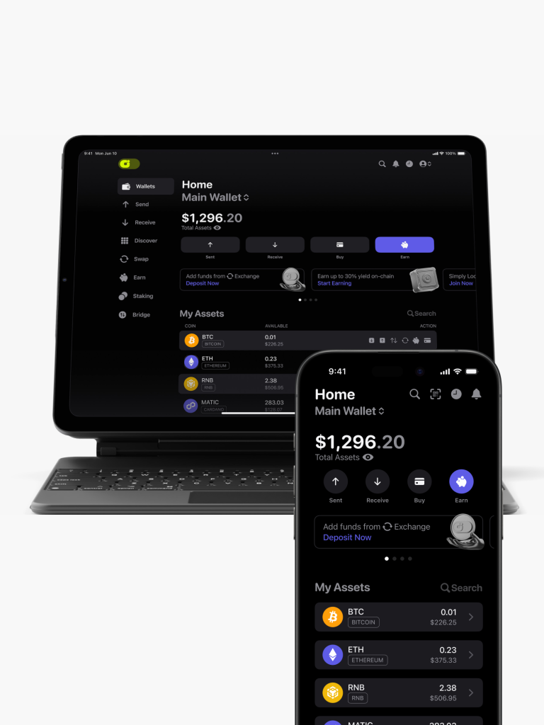 A tablet and a smartphone showcasing a cryptocurrency wallet interface with asset balances and transaction options, crafted by a leading website design agency in Calgary.