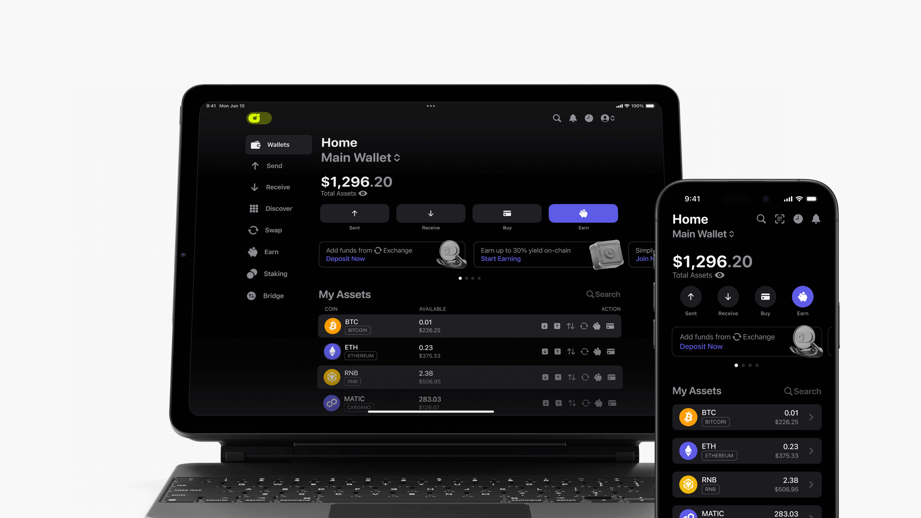 A tablet and a smartphone showcasing a cryptocurrency wallet interface with asset balances and transaction options, crafted by a leading website design agency in Calgary.