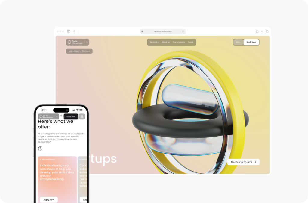 A phone and monitor display a modern startup accelerator website with abstract 3D illustrations and program information, crafted by an award-winning website design agency in Ottawa.