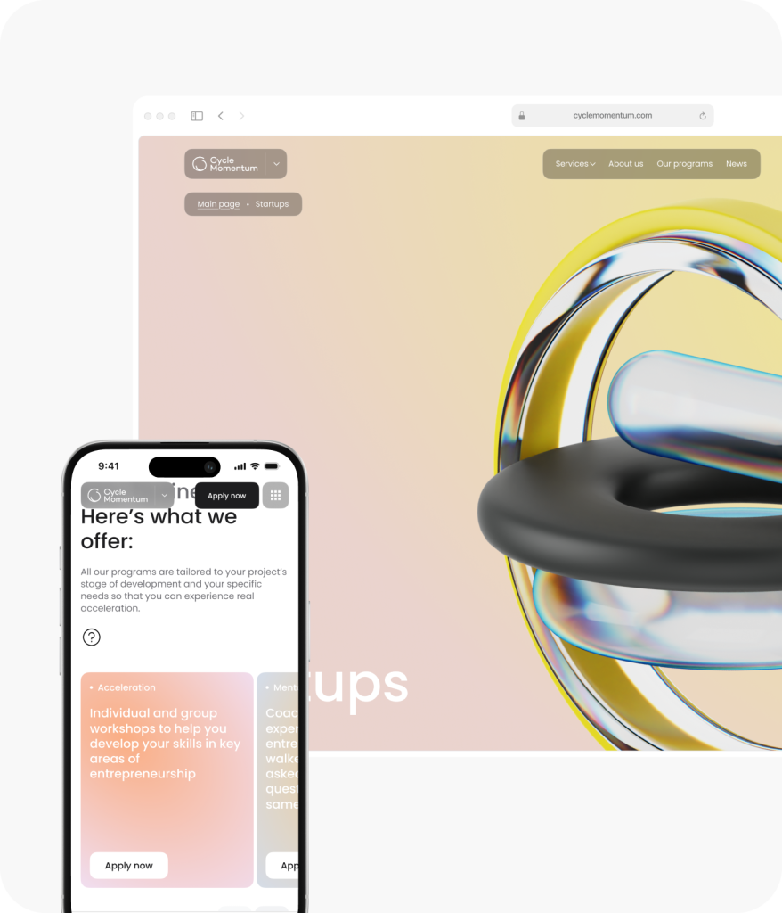 A phone and monitor display a modern startup accelerator website with abstract 3D illustrations and program information, crafted by an award-winning website design agency in Ottawa.