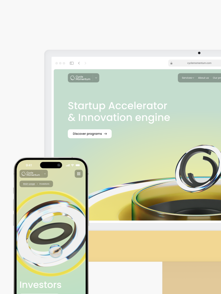 The homepage of a startup accelerator is showcased on both website and mobile devices, featuring a circular logo with a green-yellow gradient. This design was crafted by a top-rated website design agency in Vancouver, blending innovation with aesthetic appeal.