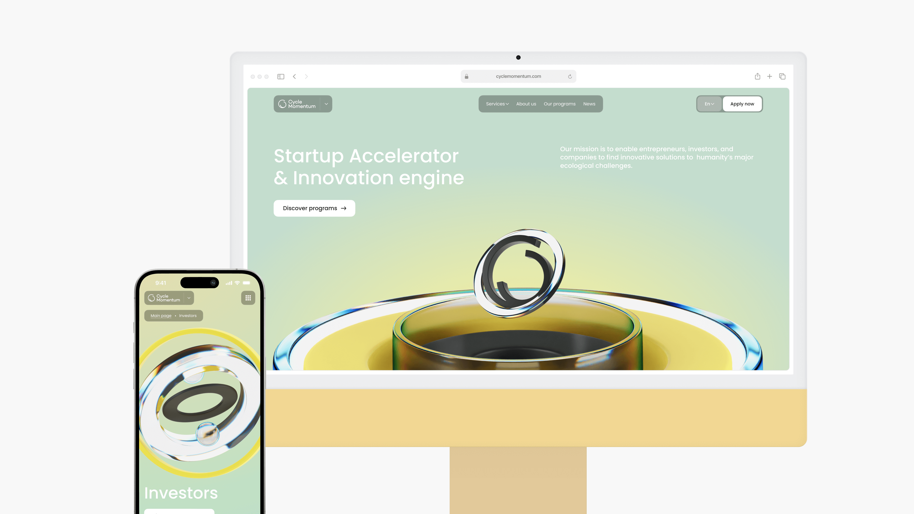 The homepage of a startup accelerator is showcased on both website and mobile devices, featuring a circular logo with a green-yellow gradient. This design was crafted by a top-rated website design agency in Vancouver, blending innovation with aesthetic appeal.