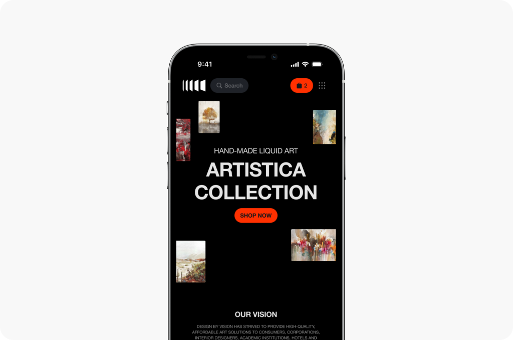 A smartphone showcases the Design by Vision website, featuring exquisite paintings and a Shop Now button against a sleek black background. Crafted by Webgamma, a top website design agency in Edmonton, this site harmonizes art and technology in perfect elegance.