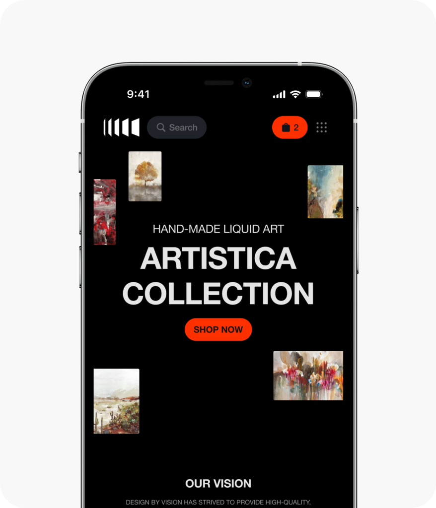 A smartphone showcases the Design by Vision website, featuring exquisite paintings and a Shop Now button against a sleek black background. Crafted by Webgamma, a top website design agency in Edmonton, this site harmonizes art and technology in perfect elegance.