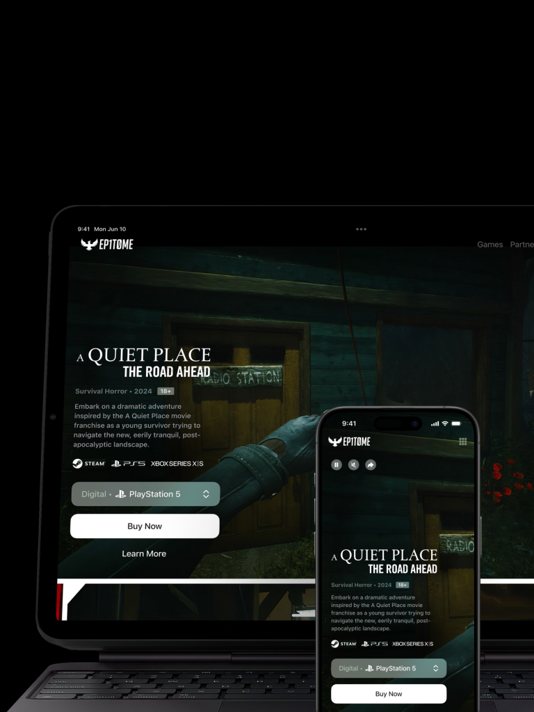 A laptop and smartphone display a game development website, designed by Webgamma, a leading website design agency in Ottawa, featuring a sleek, dark interface.
