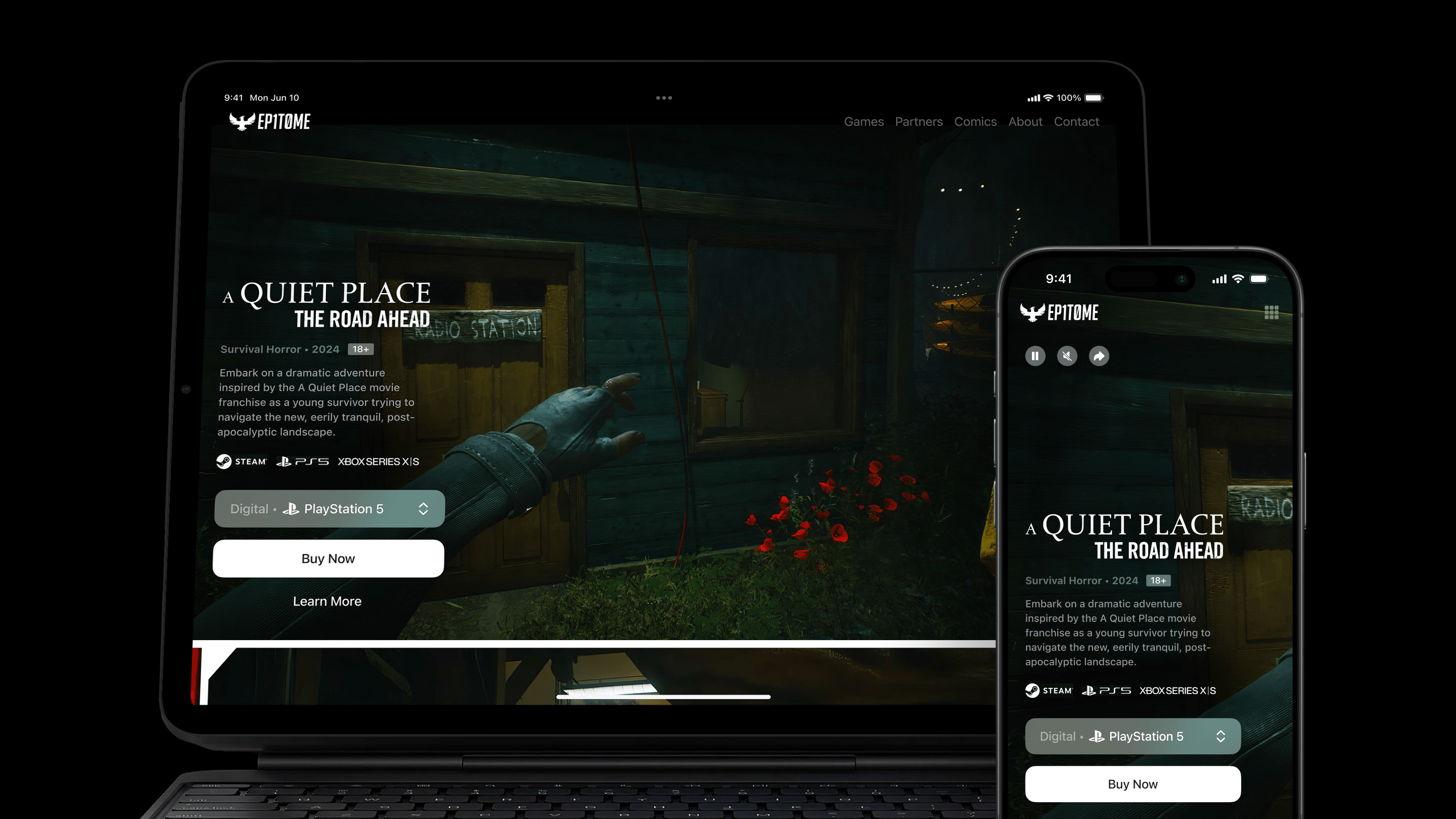 A laptop and smartphone display a game development website, designed by Webgamma, a leading website design agency in Ottawa, featuring a sleek, dark interface.