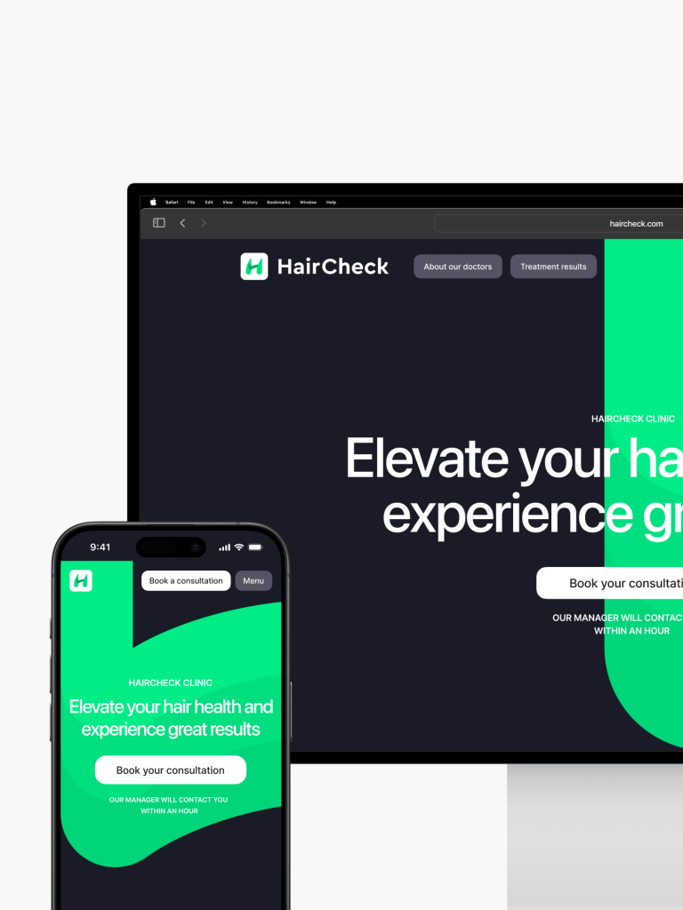 Experience the responsive design of the HairCheck website on both desktop and smartphone, featuring a sleek green and black theme crafted by Webgamma, your top experts in website design in Hamilton.