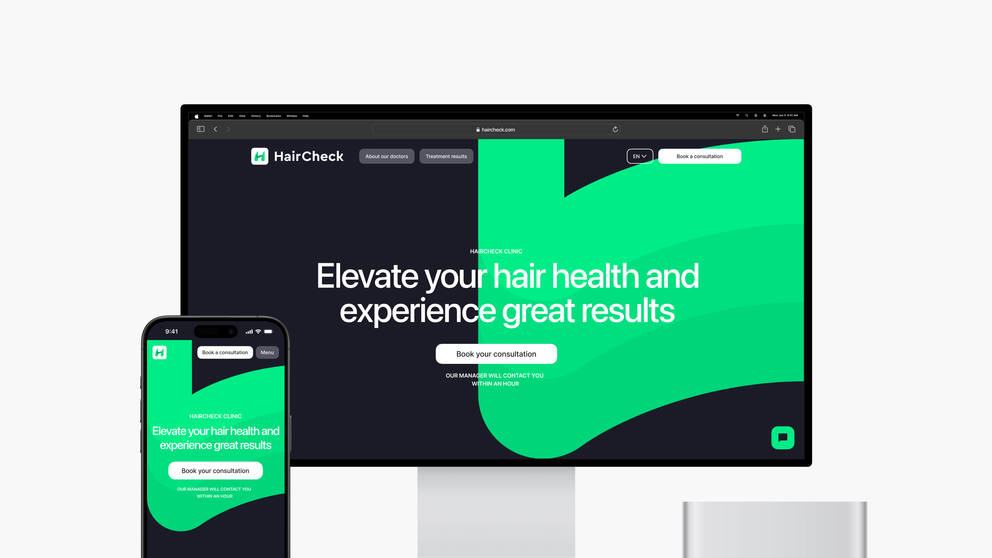 Experience the responsive design of the HairCheck website on both desktop and smartphone, featuring a sleek green and black theme crafted by Webgamma, your top experts in website design in Hamilton.