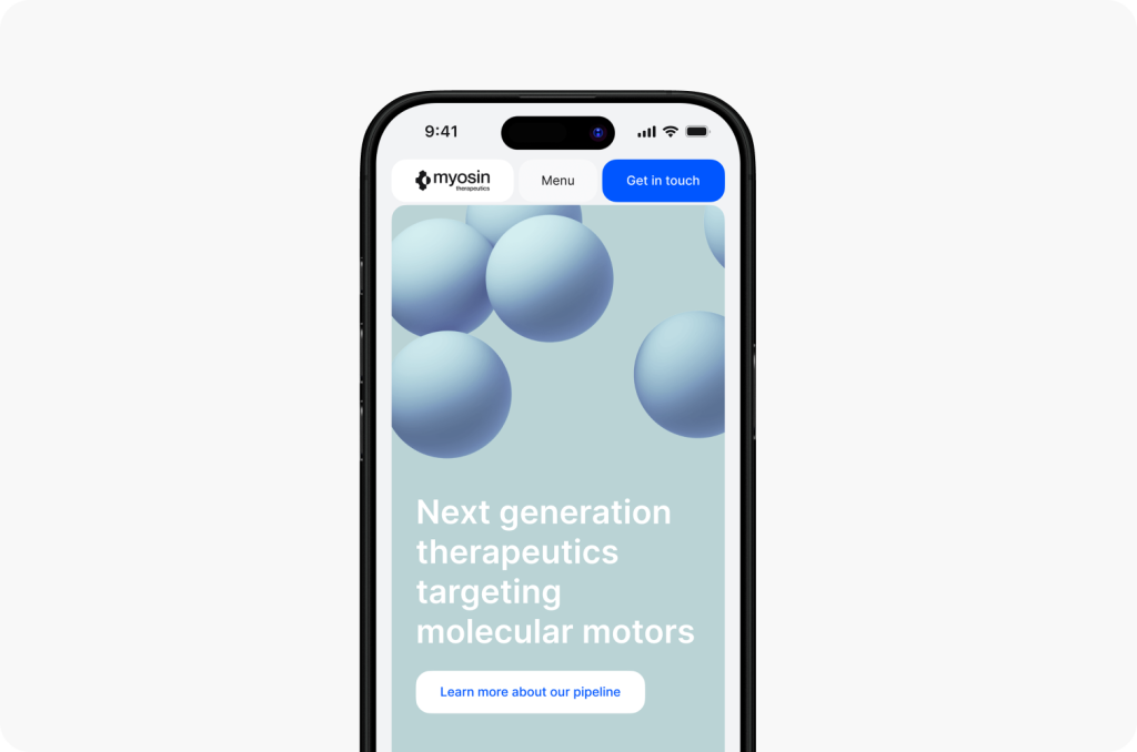 A smartphone screen showcases a professionally crafted Myosin Therapeutics website, designed by a top website design agency in Ottawa. It features 3D blue spheres and detailed text on the therapeutic targeting of molecular motors.