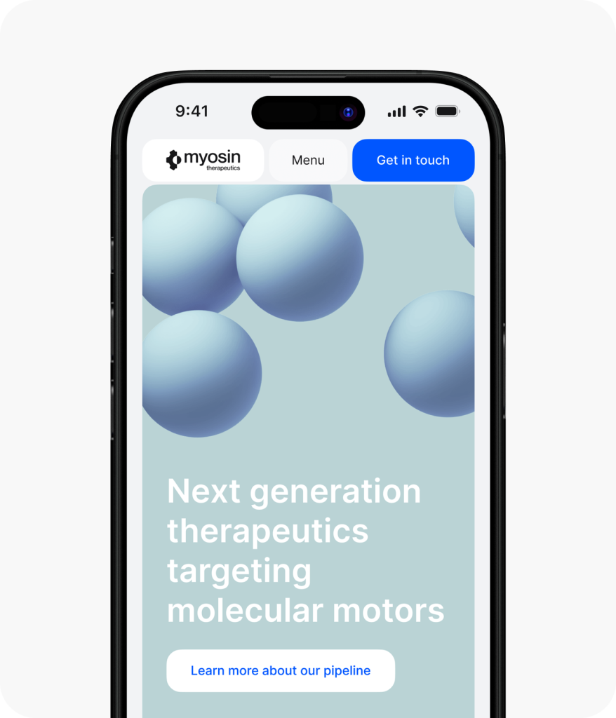 A smartphone screen showcases a professionally crafted Myosin Therapeutics website, designed by a top website design agency in Ottawa. It features 3D blue spheres and detailed text on the therapeutic targeting of molecular motors.