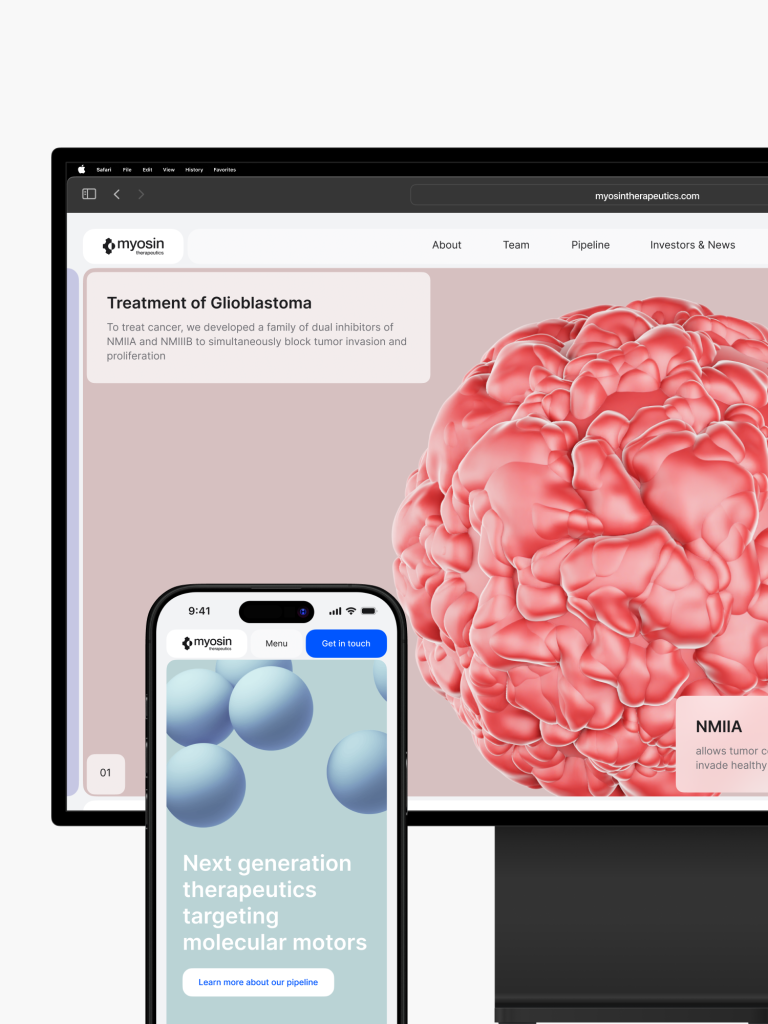 A smartphone and monitor display a glioblastoma treatment website featuring 3D illustrations. The Myosin Therapeutics website was designed by Webgamma, a top website design agency in Waterloo.