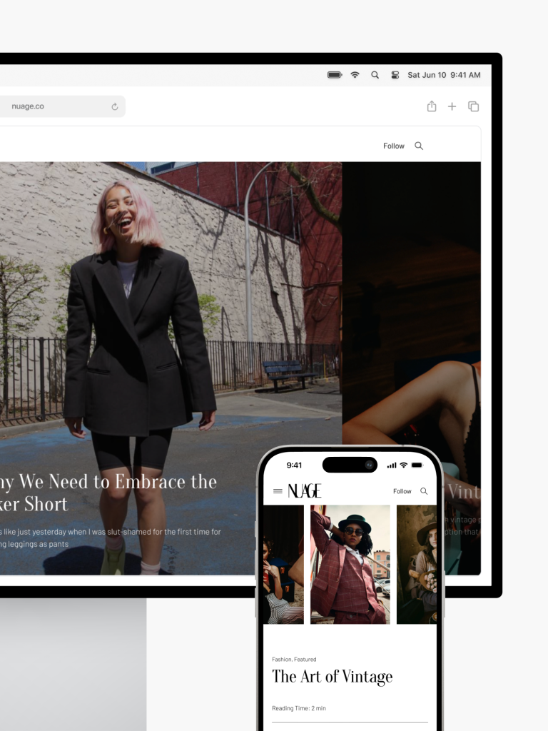 A computer and smartphone display the Nuage website, showcasing fashion articles and images, professionally crafted by Webgamma, your website design partner in Vancouver.