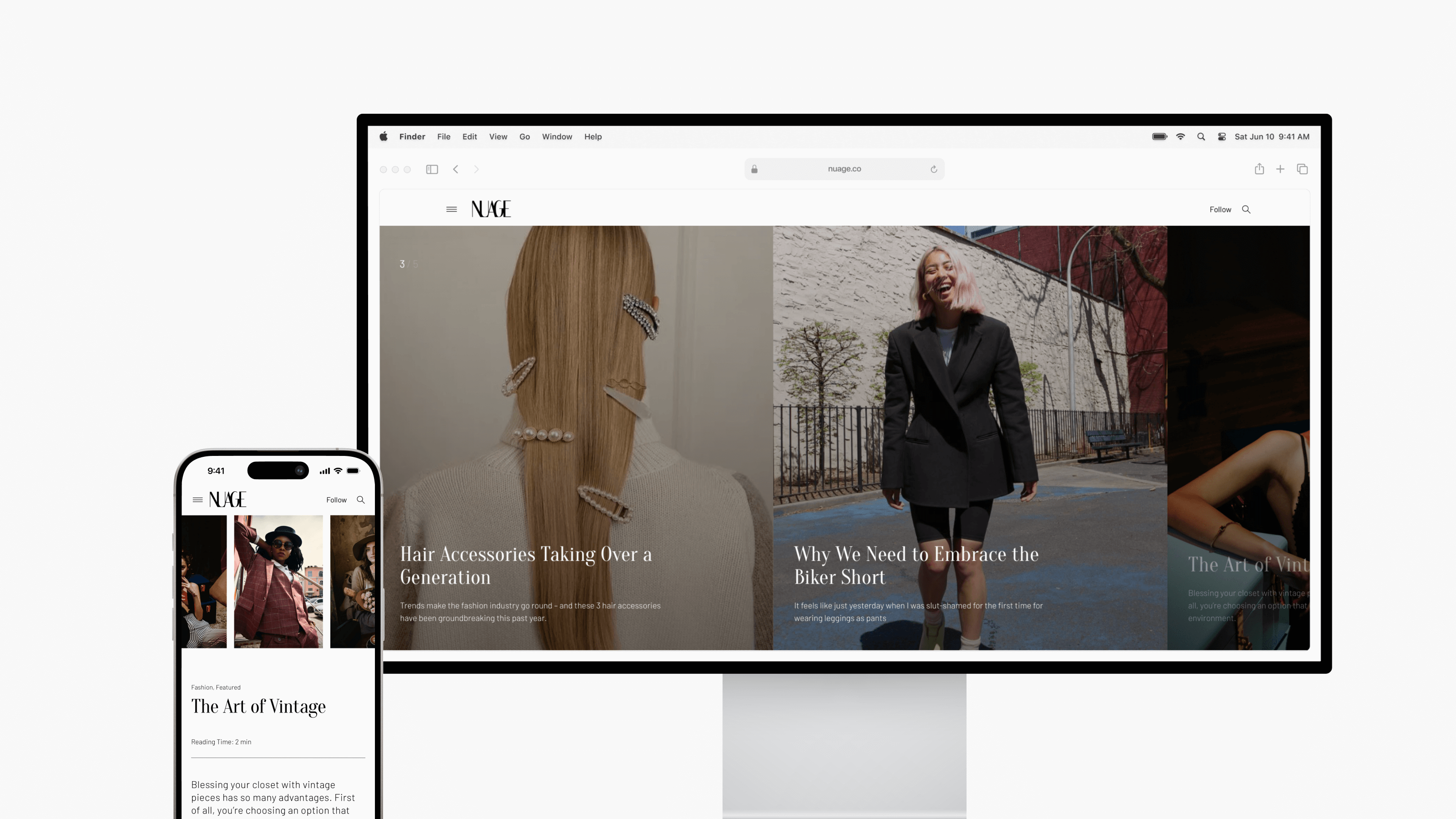 A computer and smartphone display the Nuage website, showcasing fashion articles and images, professionally crafted by Webgamma, your website design partner in Vancouver.