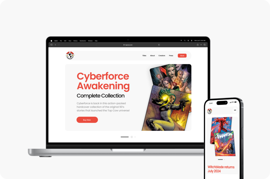 A laptop and smartphone showcase a comic book website, designed by an award-winning website design agency in Calgary, featuring stunning artwork and purchase details.