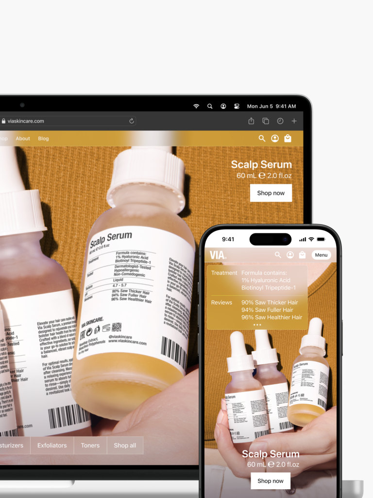 A laptop and smartphone display a website designed by Webgamma, a top website design agency in Waterloo, showcasing scalp serum bottles with detailed descriptions.