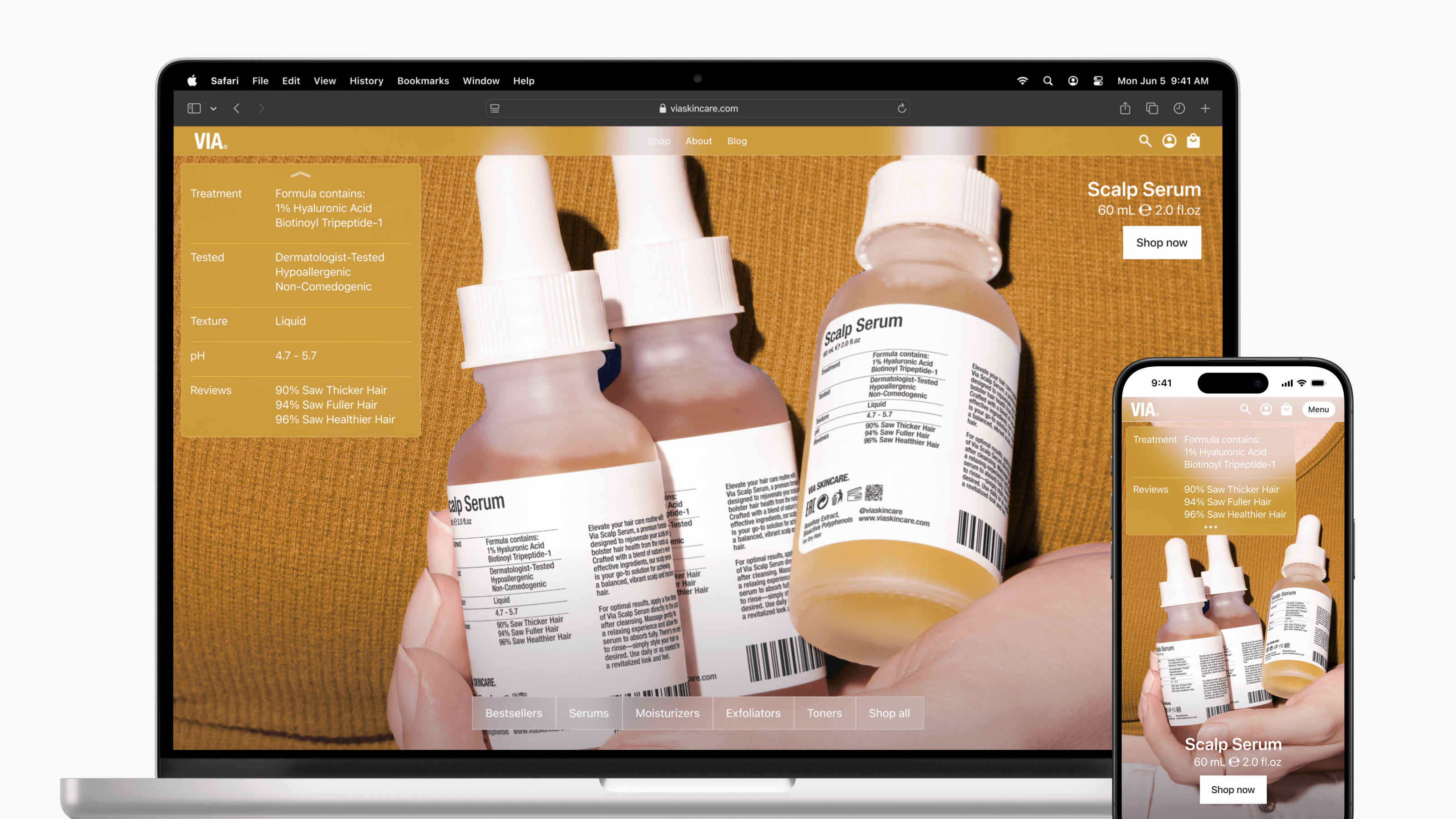 A laptop and smartphone display a website designed by Webgamma, a top website design agency in Waterloo, showcasing scalp serum bottles with detailed descriptions.