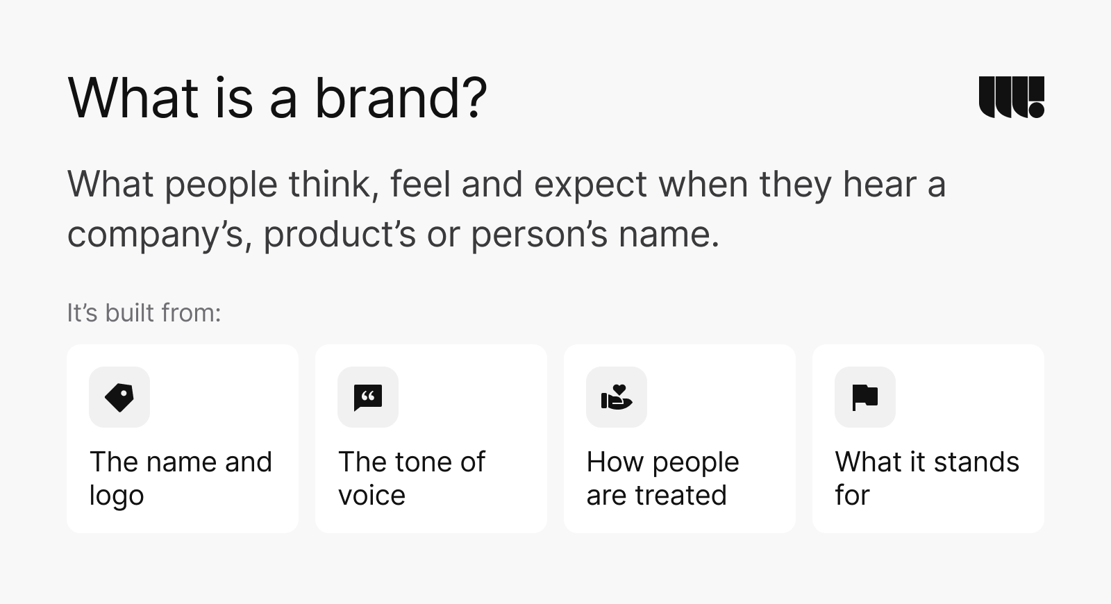 What is a brand? What people think, feel and expect when they hear a company’s, product’s or person’s name. It’s built from the name and logo, the tone of voice, how people are treated and what it stands for.