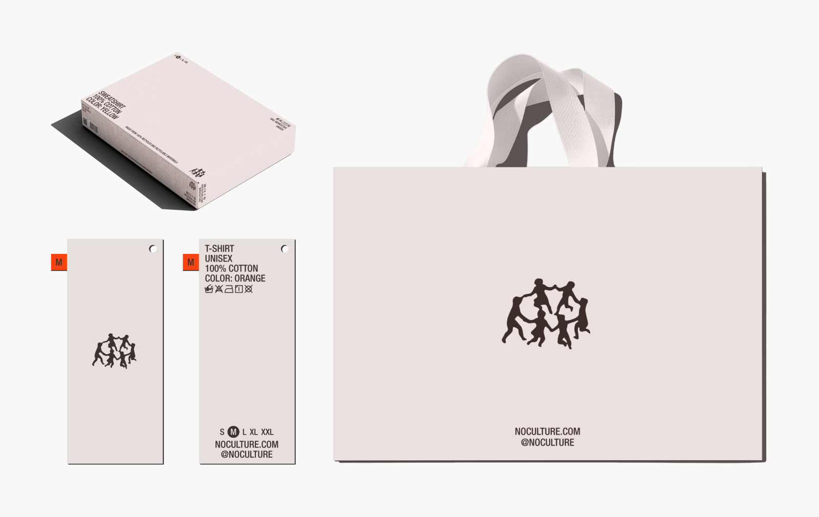 No Culture’s box, two clothing tags and a shopping bag, each with the brand’s mark