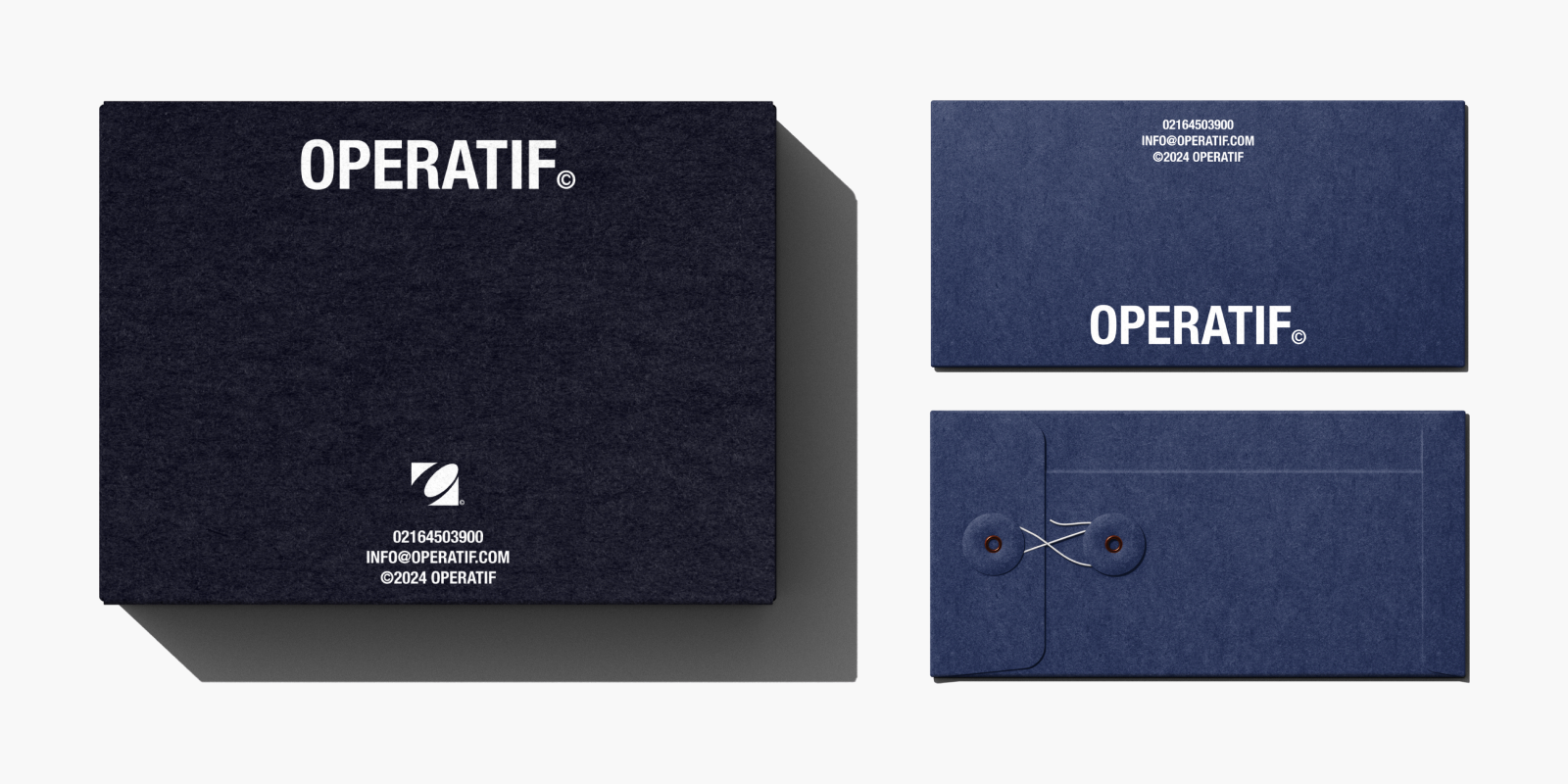 Operatif’s dark identity on a box and two envelopes, one with the wordmark and one with a string-tie closure