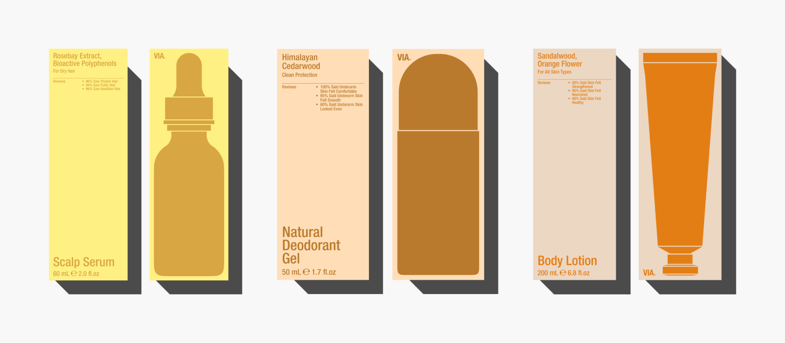 VIA packaging for a scalp serum, a natural deodorant gel and a body lotion, each a box with the product’s shape in its own colour