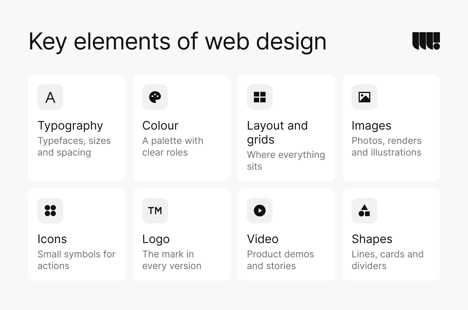 Key elements of web design: typography (typefaces, sizes and spacing), colour (a palette with clear roles), layout and grids (where everything sits), images (photos, renders and illustrations), icons (small symbols for actions), logo (the mark in every version), video (product demos and stories) and shapes (lines, cards and dividers).