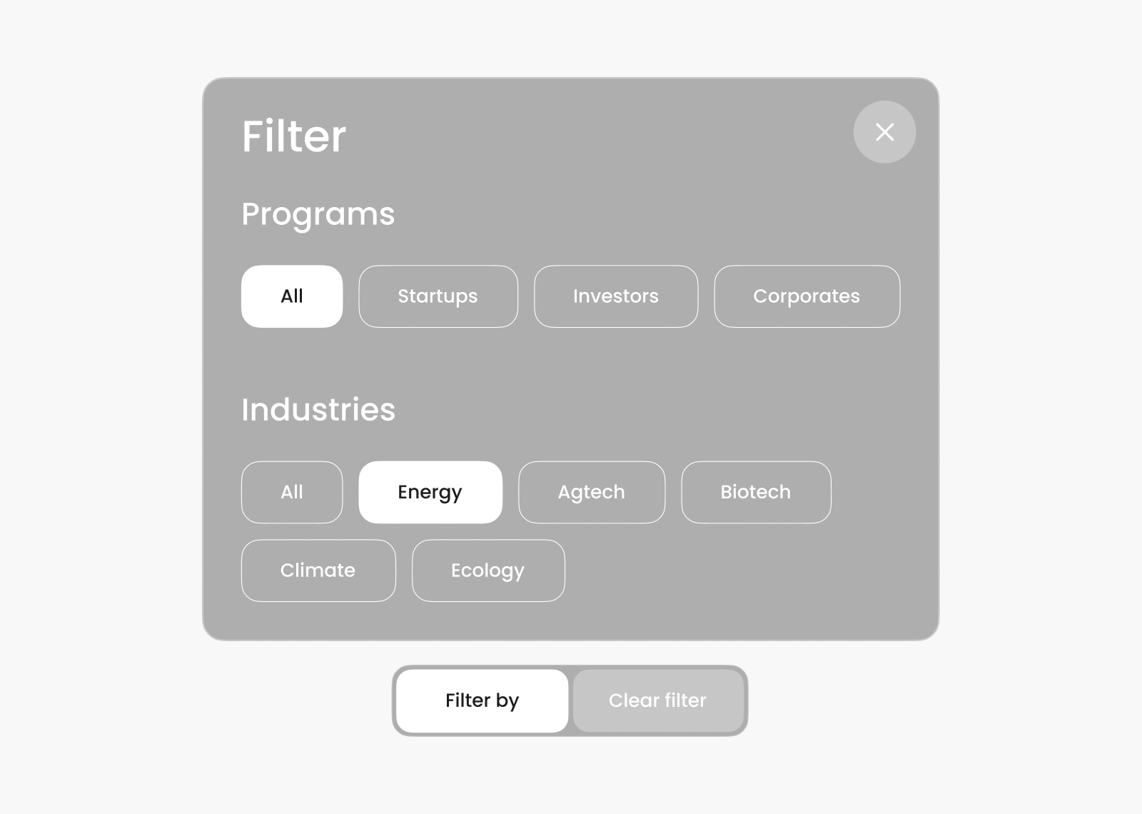 The program filter on Cycle Momentum’s site, with options for startups, investors and corporates and for industries such as energy, agtech and climate
