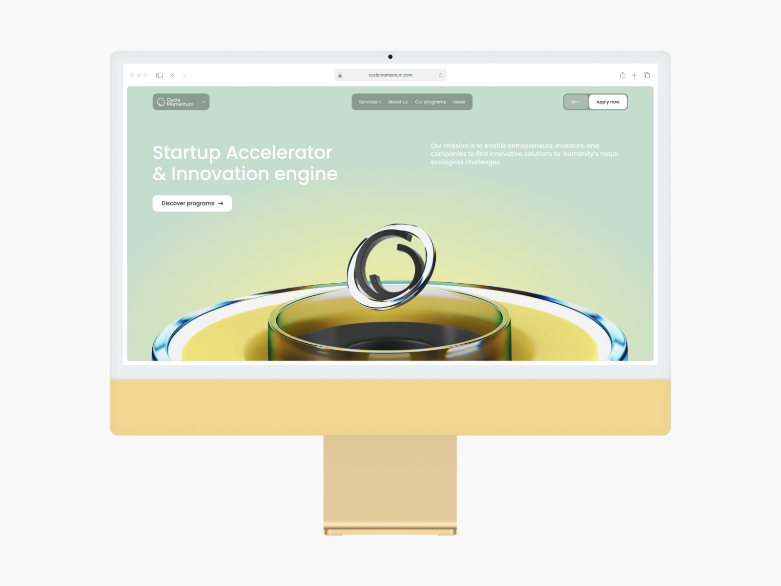 Cycle Momentum’s redesigned home page on a desktop screen, with the headline Startup Accelerator & Innovation engine, a Discover programs button and a 3D render of the logo