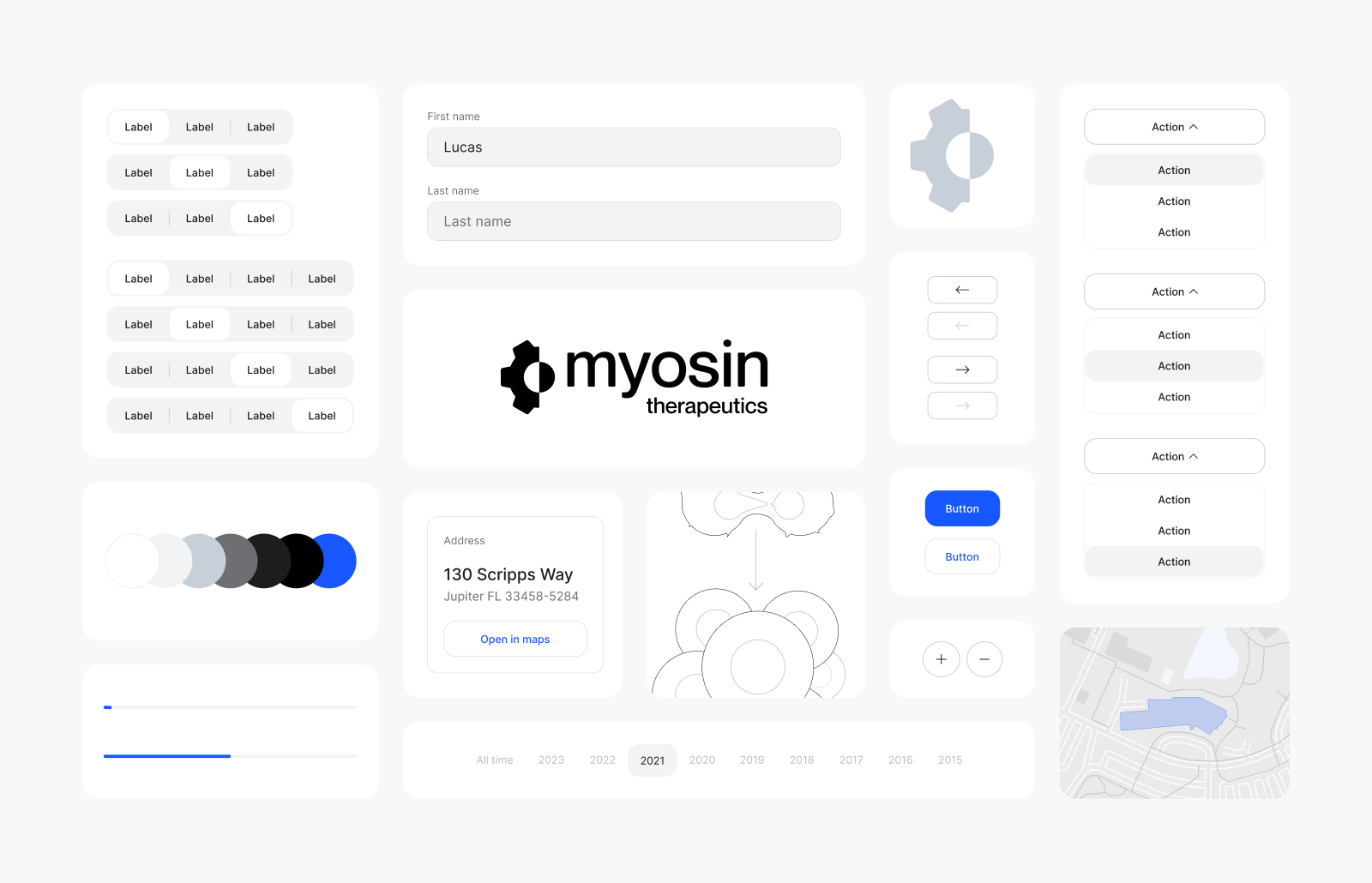 Myosin Therapeutics’ UI kit: segmented controls, form fields, the logo, the colour palette, buttons, arrows, dropdowns, an address card, a map and a year filter