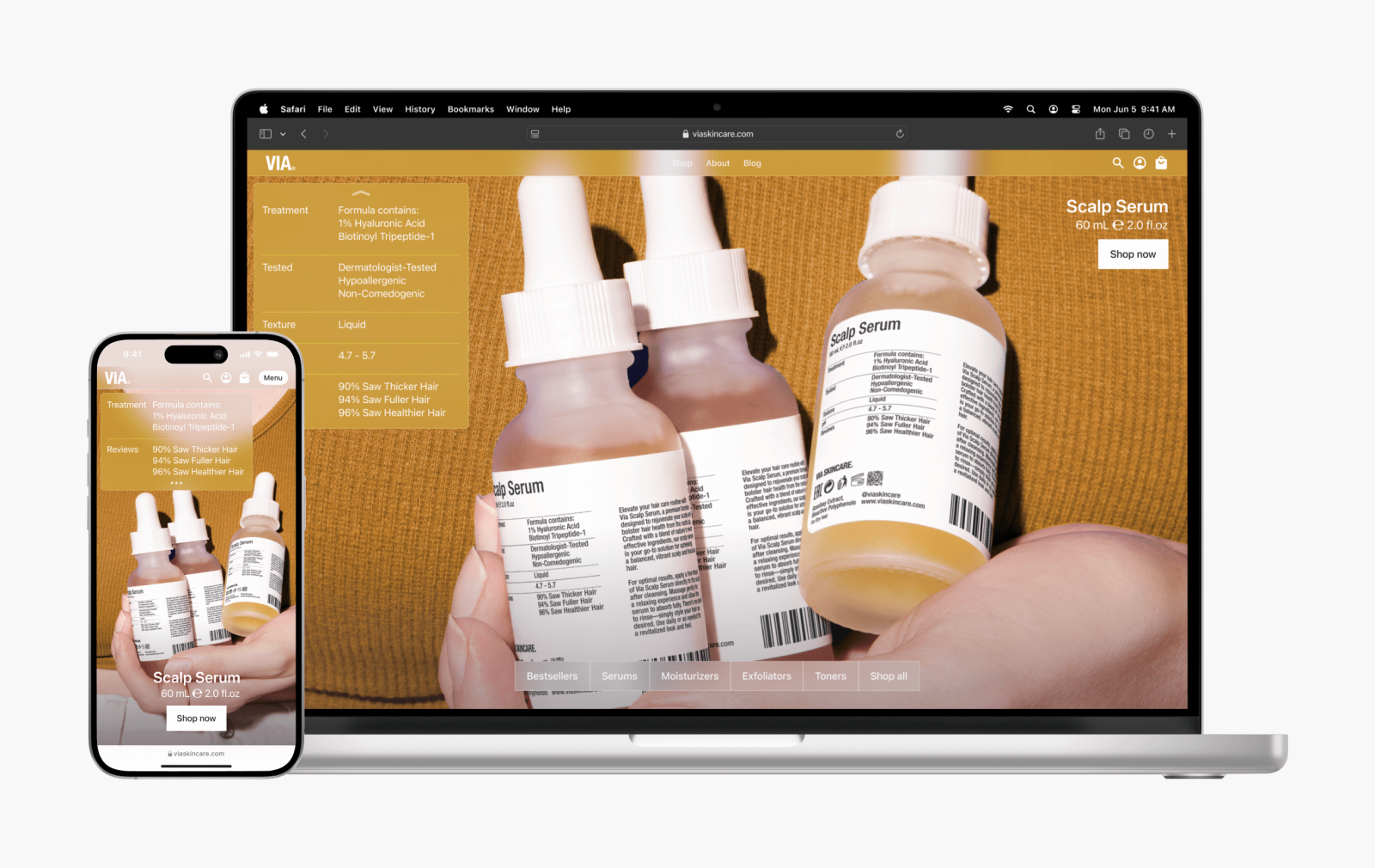 VIA’s Scalp Serum page on a laptop and a phone, with the same photo, product details and Shop now button laid out for each screen
