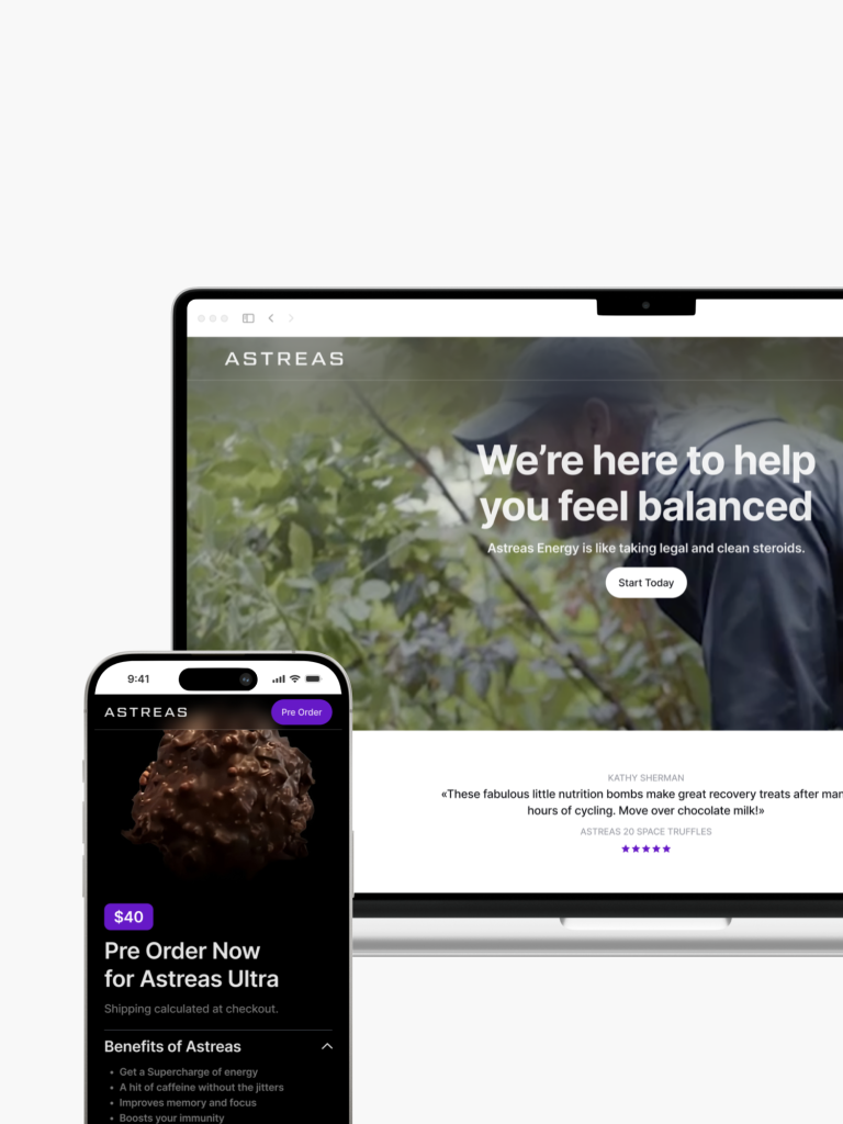 Experience the responsive design of the Astreas website on both desktop and smartphone, featuring a sleek purple and black theme crafted by top experts in website design in Richmond.