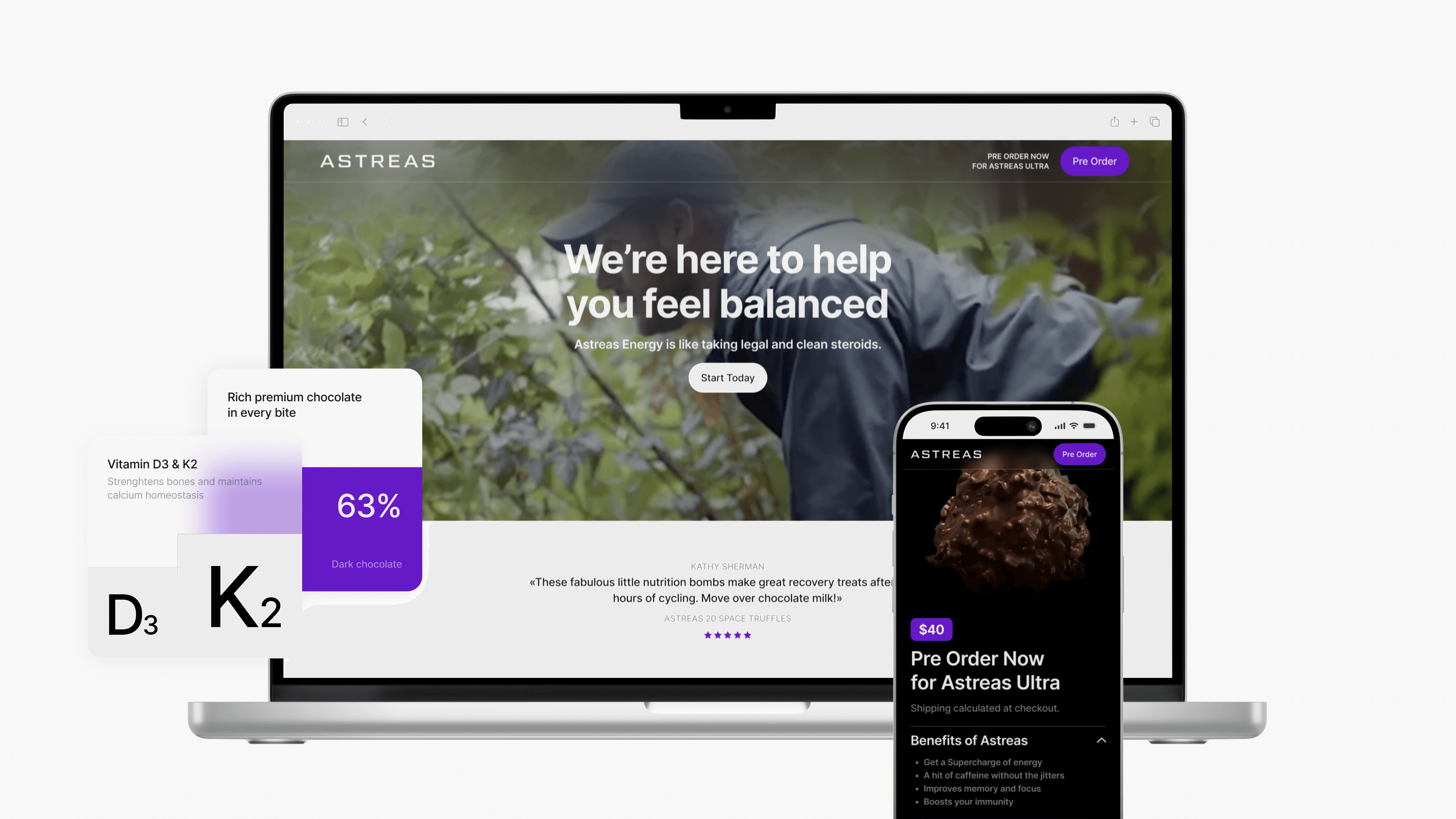 Experience the responsive design of the Astreas website on both desktop and smartphone, featuring a sleek purple and black theme crafted by top Richmond experts in website design.